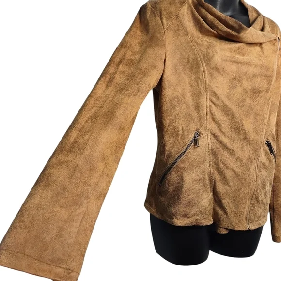 Elan Jacket Women's Brown Faux Suede Cowl Neck ZIP Up Moto Jacket Sz M - Picture 4 of 9